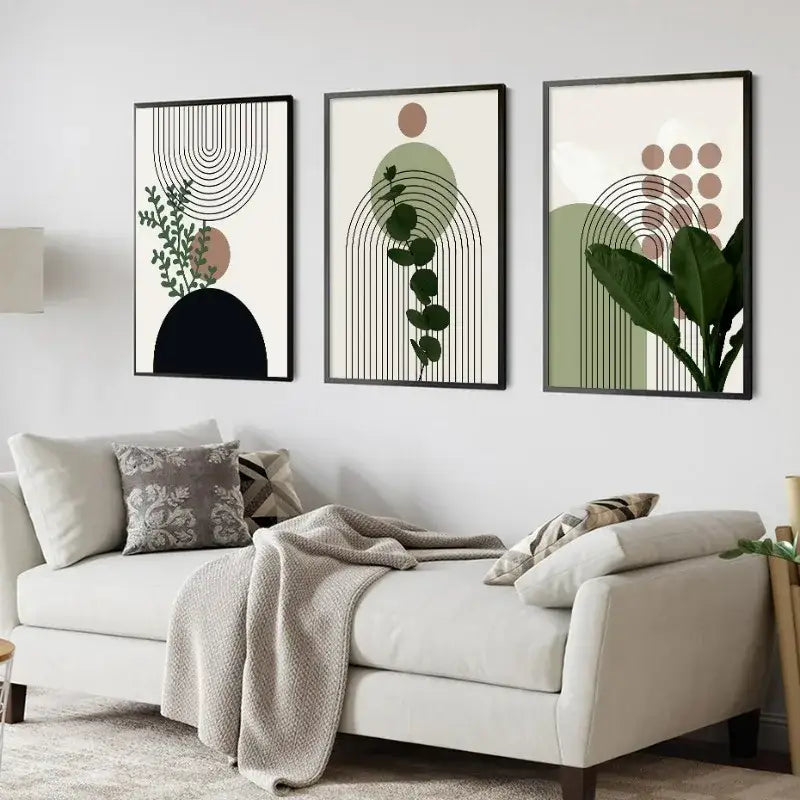 DecorBites™ Bohemian Green Leaves Canvas Wall Art Trio