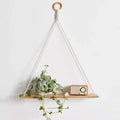 DecorBites™ boho macrame hanging wooden shelf with natural finish and cream cords featuring a circular ring