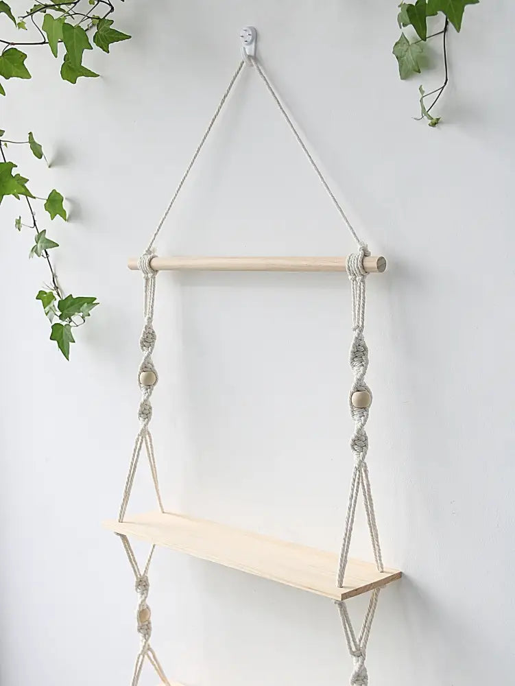 Decorbites™ boho macrame wall shelf with a light wood plank cream rope and wooden beads for home decor