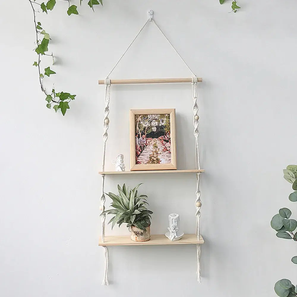 DecorBites™ boho macrame wall shelf with two light wood tiers white rope knots and wooden beads for home decor