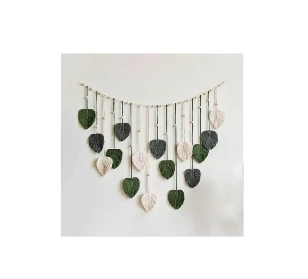 DecorBites™ boho style handmade tapestry with green gray and cream macrame leaf wall hanging for living room decor
