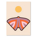 A stylized flat-design moth with layered purple and orange wings in boho sunset art prints for living room decor