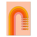 A vibrant retro-style rainbow stripes art print with bold orange pink and yellow bands and matching hearts