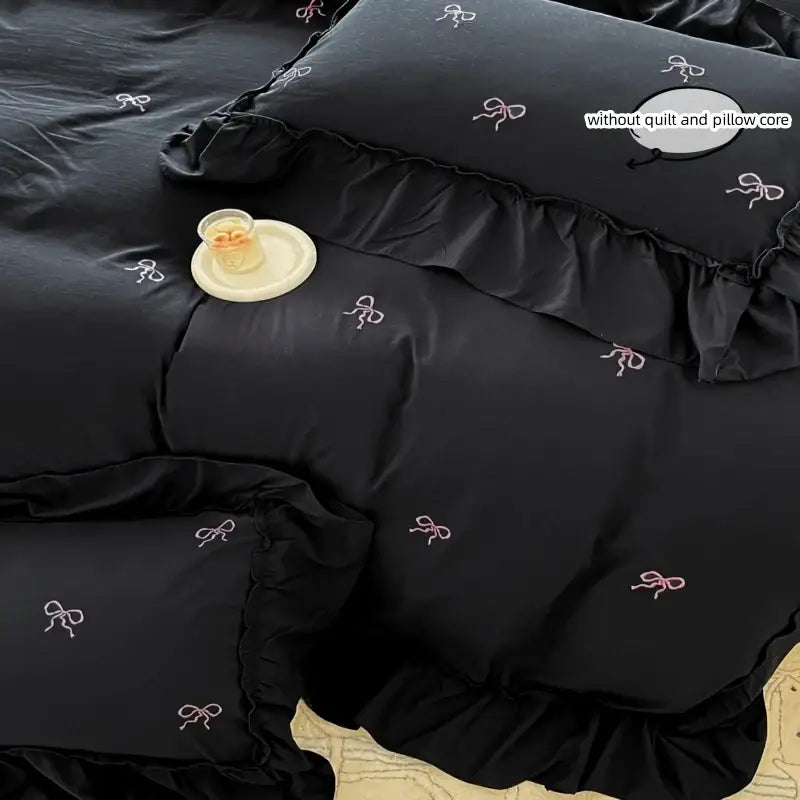 Decorbites™ black bow embroidery bedding set with ruffles featuring delicate pink embroidered bows for bedroom decor