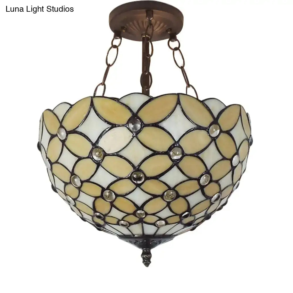 DecorBites™ Bronze Tiffany Style 3-Light Ceiling Fixture - Semi Flush Mount for Bedroom with Chain and Rod, H8" x D12