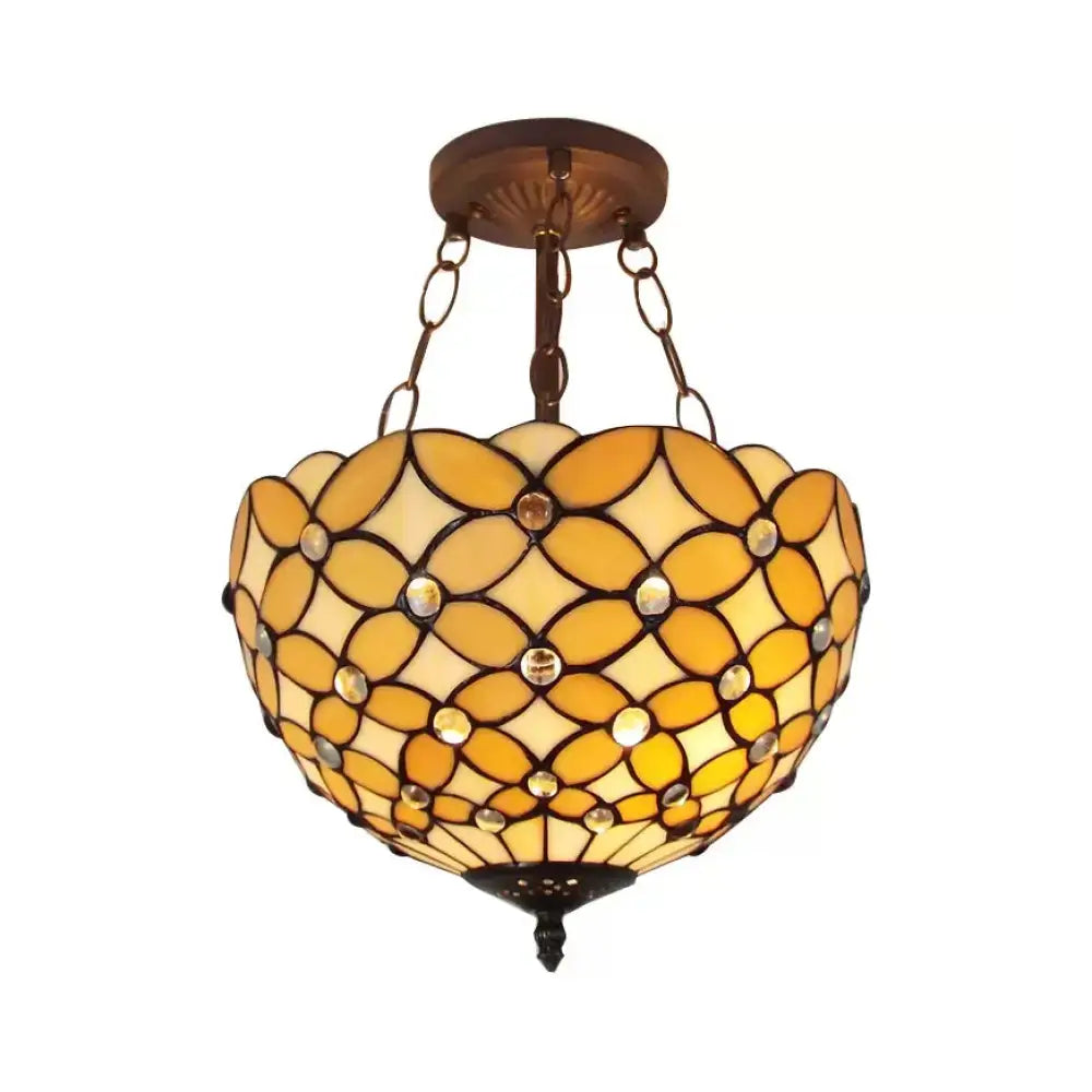 DecorBites™ Bronze Tiffany Style 3-Light Ceiling Fixture - Semi Flush Mount for Bedroom with Chain and Rod, H8" x D12
