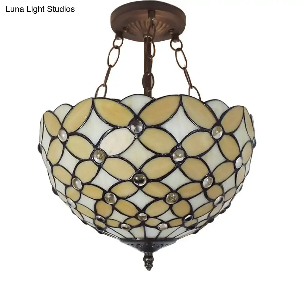 DecorBites™ Bronze Tiffany Style 3-Light Ceiling Fixture - Semi Flush Mount for Bedroom with Chain and Rod, H8" x D12