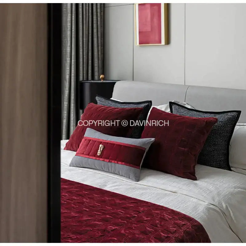 Decorbites burgundy velvet geometric embroidered bed runner bedroom