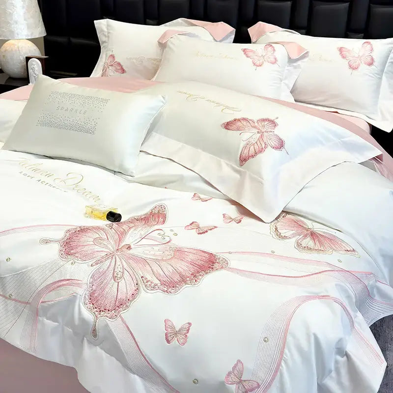Decorbites butterfly embroidery white & pink bedding set bedroom luxury