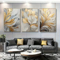 DecorBites™ canvas wall art set featuring three-panel abstract floral design with gold silver and gray leaves in minimalist style