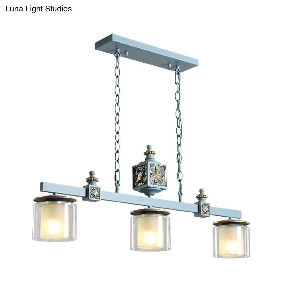 Light blue metal chandelier decorbites™ with three sky water blue glass shades and ornate decorative elements