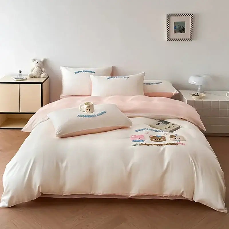 Decorbites cartoon embroidered pink & cream bedding set bedroom cotton
