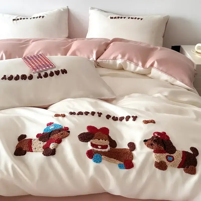 Decorbites cartoon embroidered pink & cream bedding set bedroom cotton