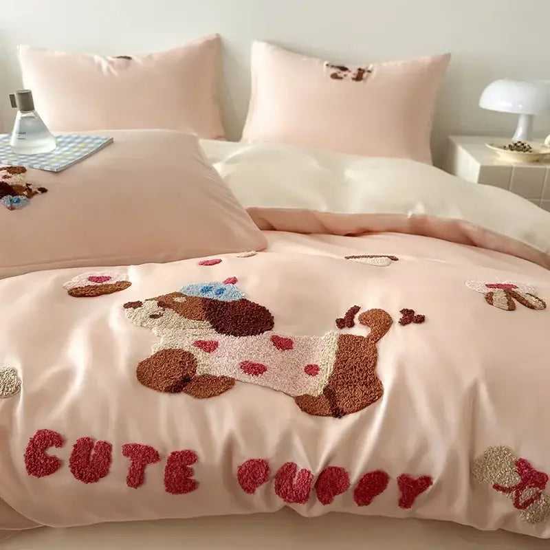 Decorbites cartoon embroidered pink & cream bedding set bedroom cotton