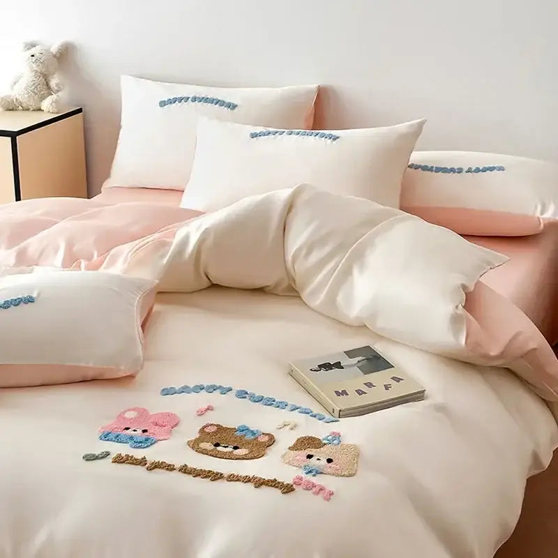 Decorbites cartoon embroidered pink & cream bedding set bedroom cotton