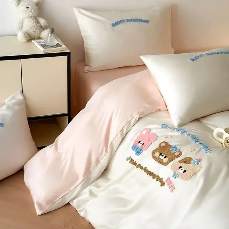 Decorbites cartoon embroidered pink & cream bedding set bedroom cotton