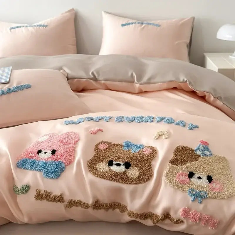 Decorbites cartoon embroidered pink & cream bedding set bedroom cotton