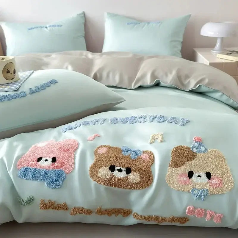 Decorbites cartoon embroidered pink & cream bedding set bedroom cotton
