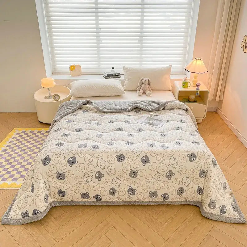 Decorbites cartoon print cream velvet quilted blanket bedroom bedding