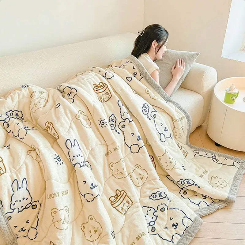 Decorbites cartoon print cream velvet quilted blanket bedroom bedding