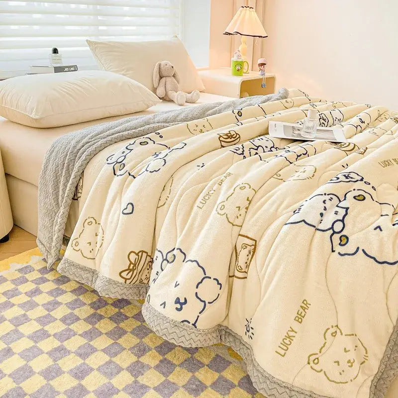 Decorbites cartoon print cream velvet quilted blanket bedroom bedding