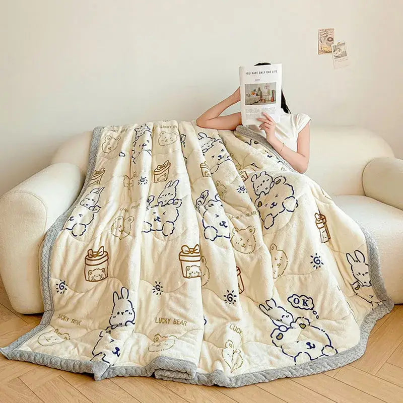 Decorbites cartoon print cream velvet quilted blanket bedroom bedding