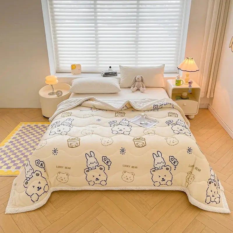 Decorbites cartoon print cream velvet quilted blanket bedroom bedding