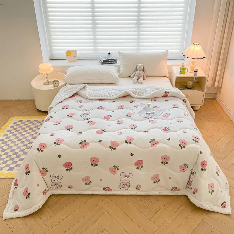 Decorbites cartoon print cream velvet quilted blanket bedroom bedding
