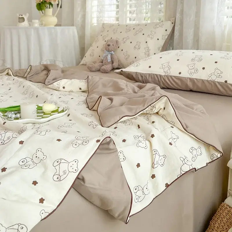 Decorbites cartoon summer cream teddy bear blanket bedroom cotton bedding