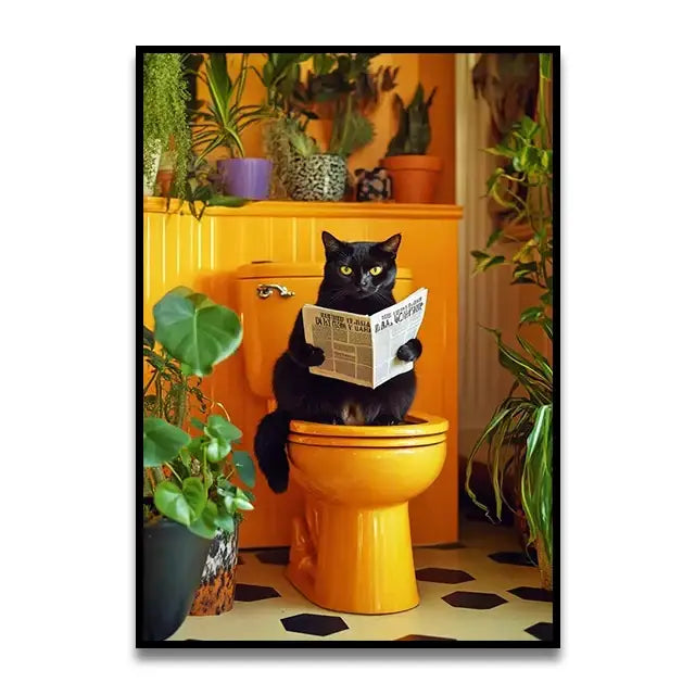 DecorBites™ Cat Reading on Toilet Canvas Wall Art