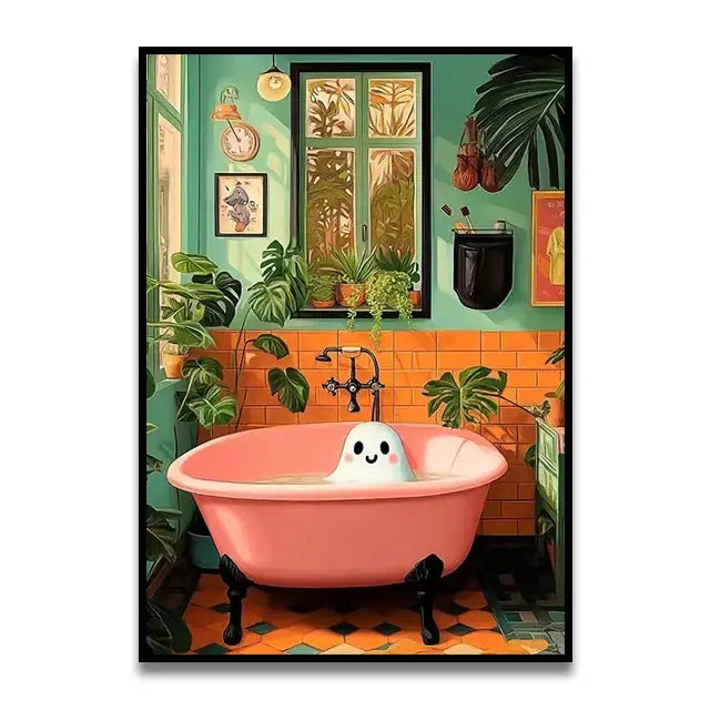 DecorBites™ cat reading toilet canvas wall art featuring a pink clawfoot bathtub with black legs and a smiling ghost figurine