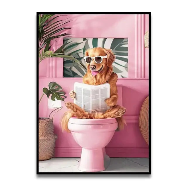 Decorbites™ cat reading on toilet canvas wall art features a pink toilet with a golden retriever wearing sunglasses holding a newspaper