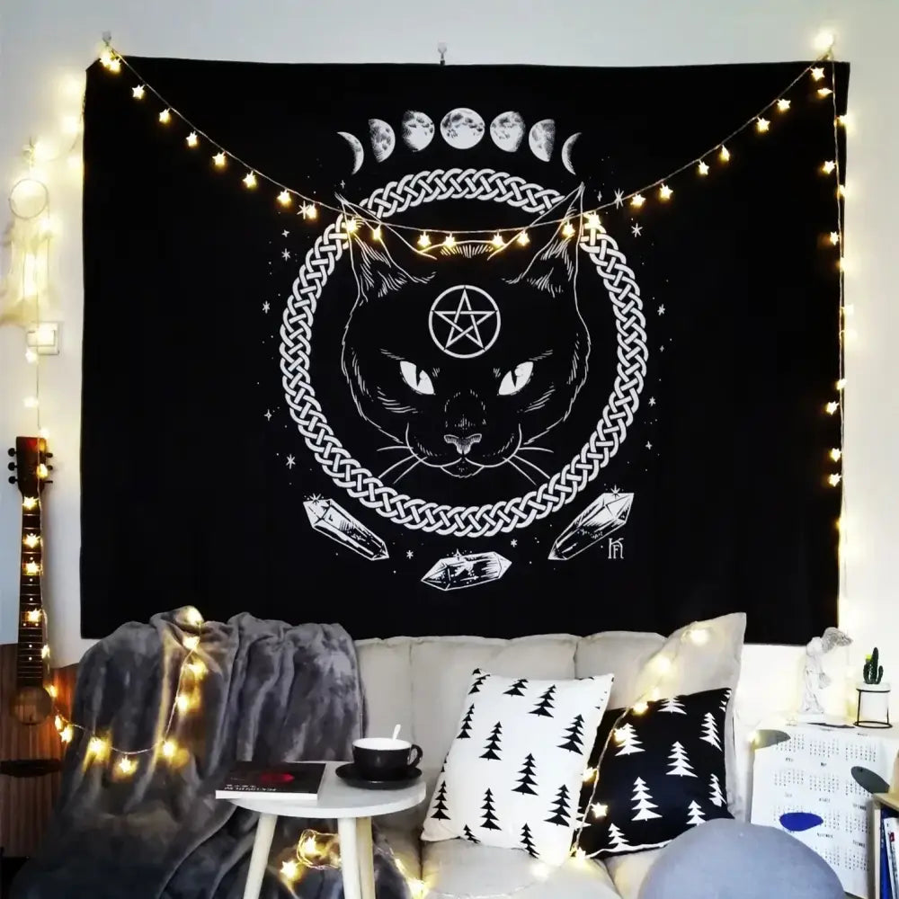Decorbites cat witchcraft black rose tapestry bedroom wall hanging