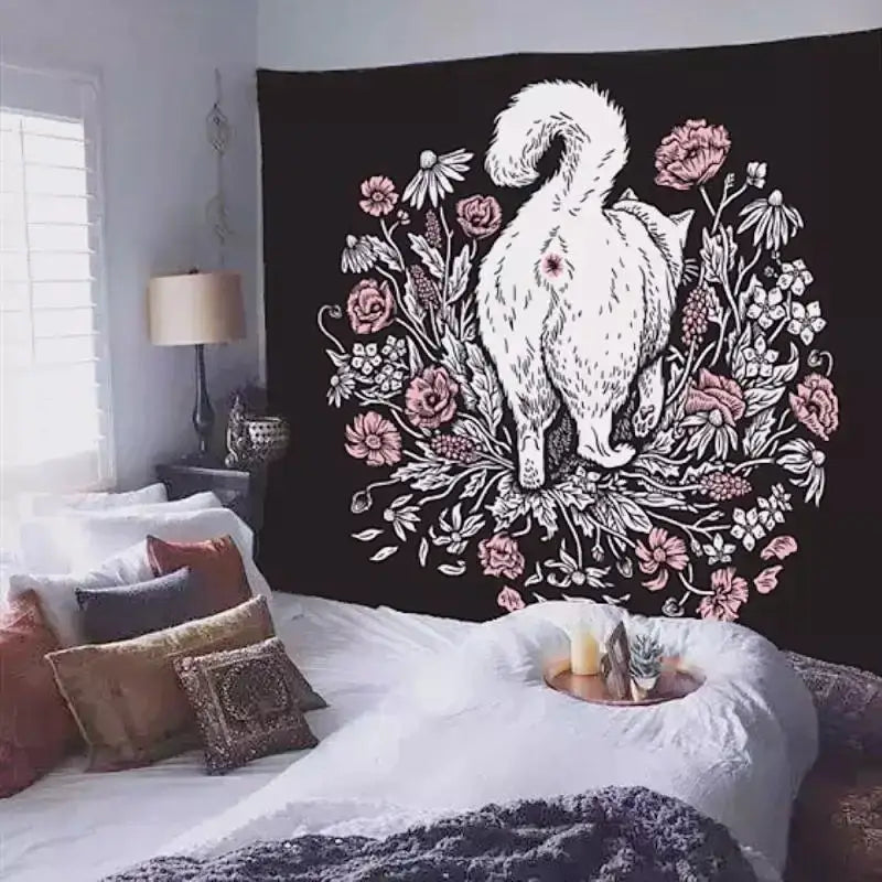 Decorbites cat witchcraft black rose tapestry bedroom wall hanging