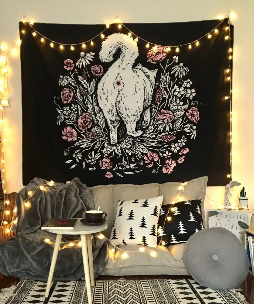 Decorbites cat witchcraft black rose tapestry bedroom wall hanging