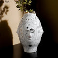 Decorbites™ ceramic vase desktop featuring white ceramic with gold rim and intricate black line art for floral arrangements