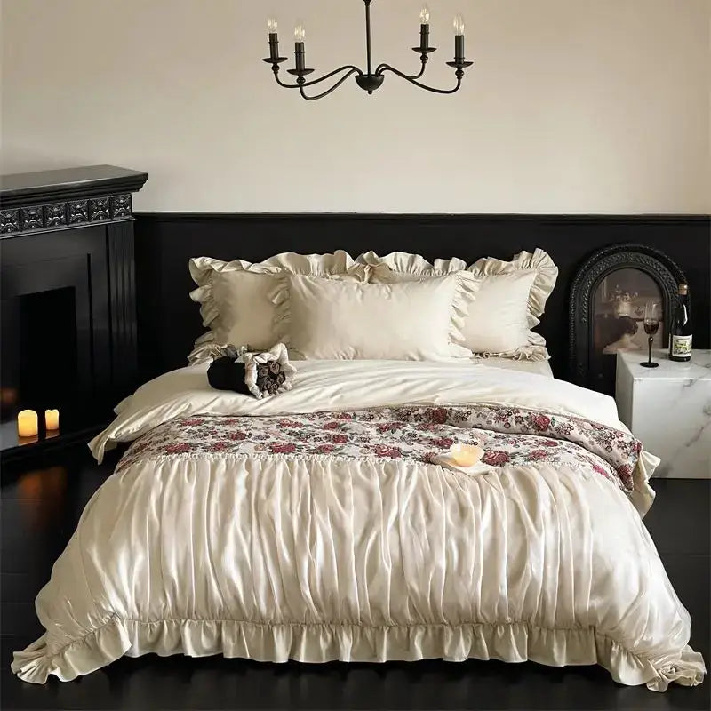 DecorBites™ Chic Flowers Jacquard Cotton Bedding Set with Ruffles