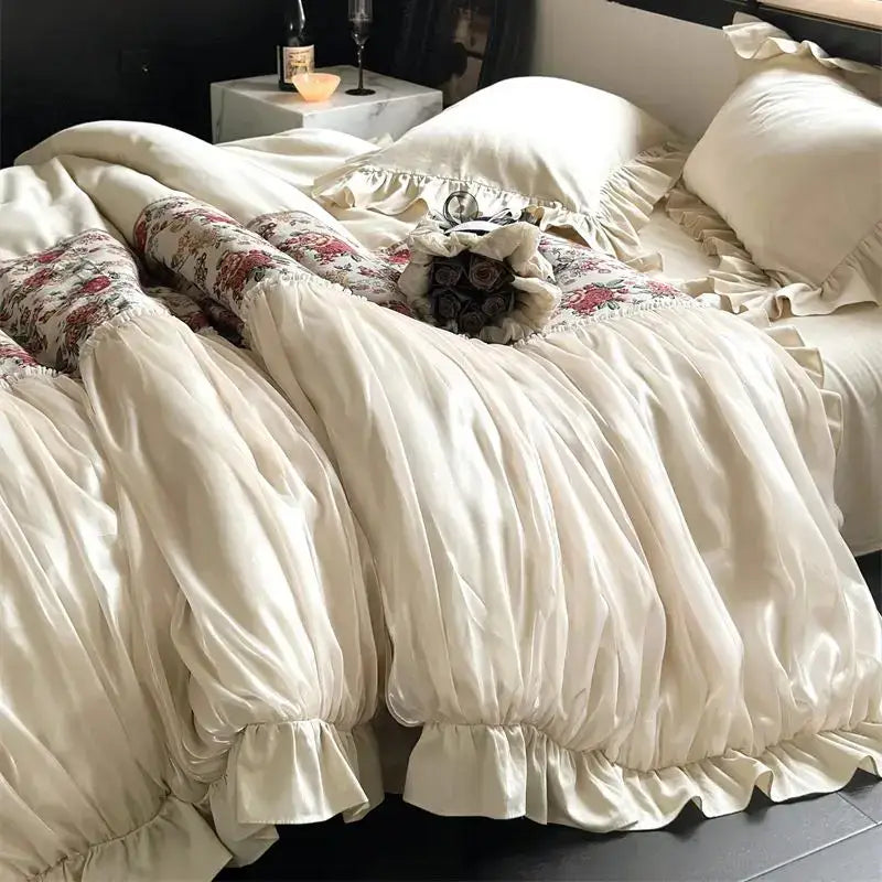 DecorBites™ Chic Flowers Jacquard Cotton Bedding Set with Ruffles