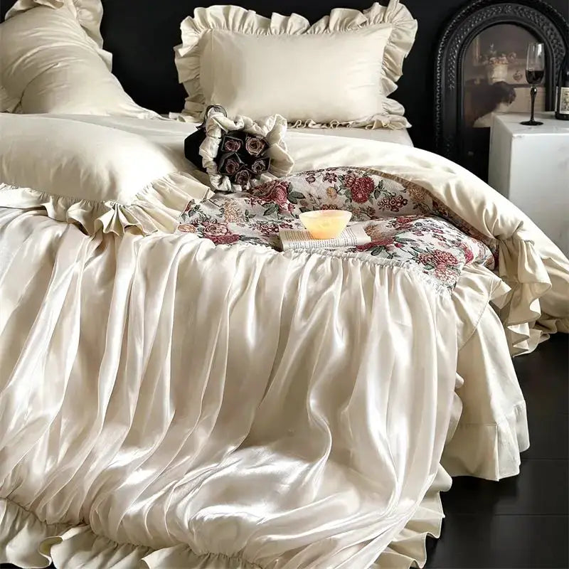 DecorBites™ Chic Flowers Jacquard Cotton Bedding Set with Ruffles