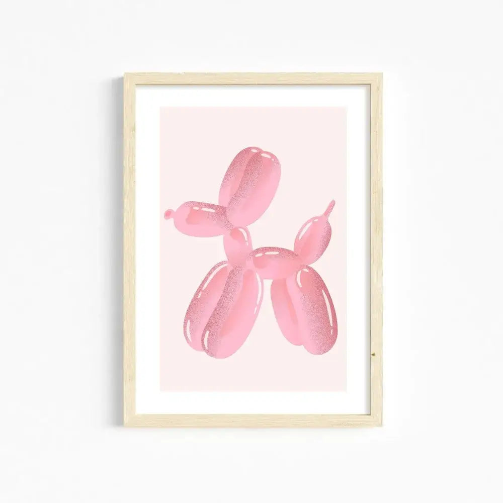 Decorbites™ chic pink wall art featuring pink balloon dog print in a light wood frame for girls room wall art