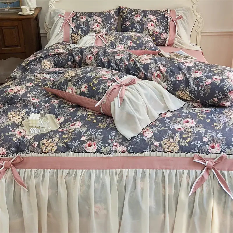 DecorBites™ Chiffon Lace Ruffles Princess Egyptian Cotton Bedding Set