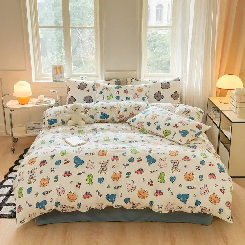 DecorBites™ Children Cartoon Print Bedding Set, Double-Layer Yarn Quilt Cover, Cozy Bedroom Decor