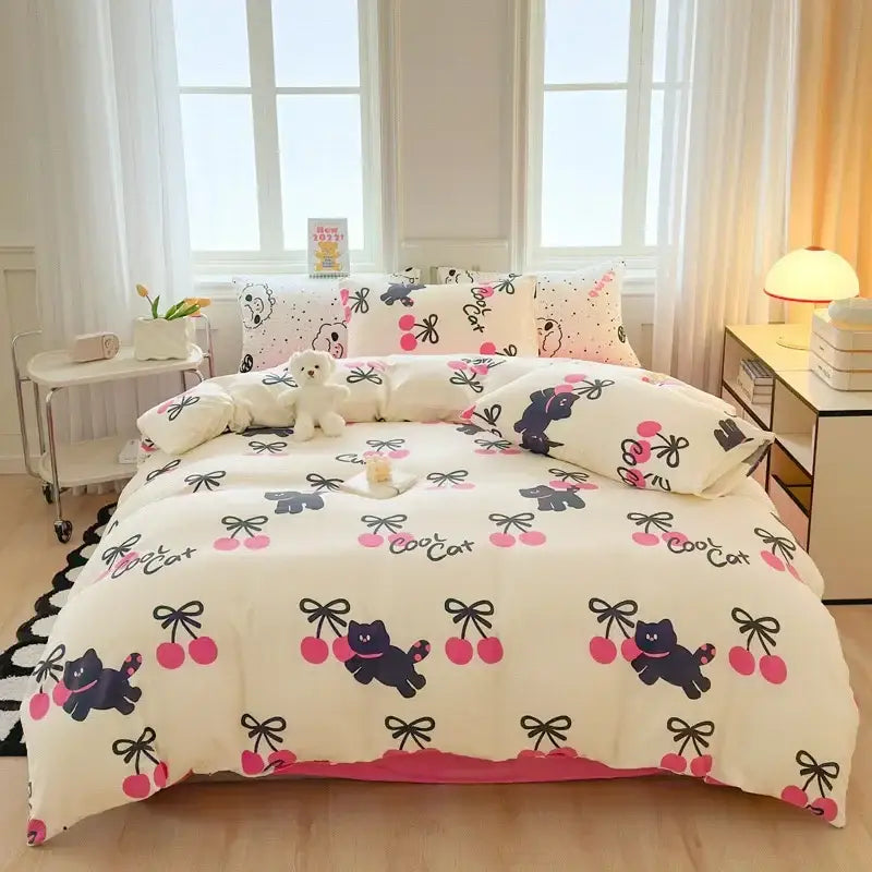 DecorBites™ Children Cartoon Print Bedding Set, Double-Layer Yarn Quilt Cover, Cozy Bedroom Decor
