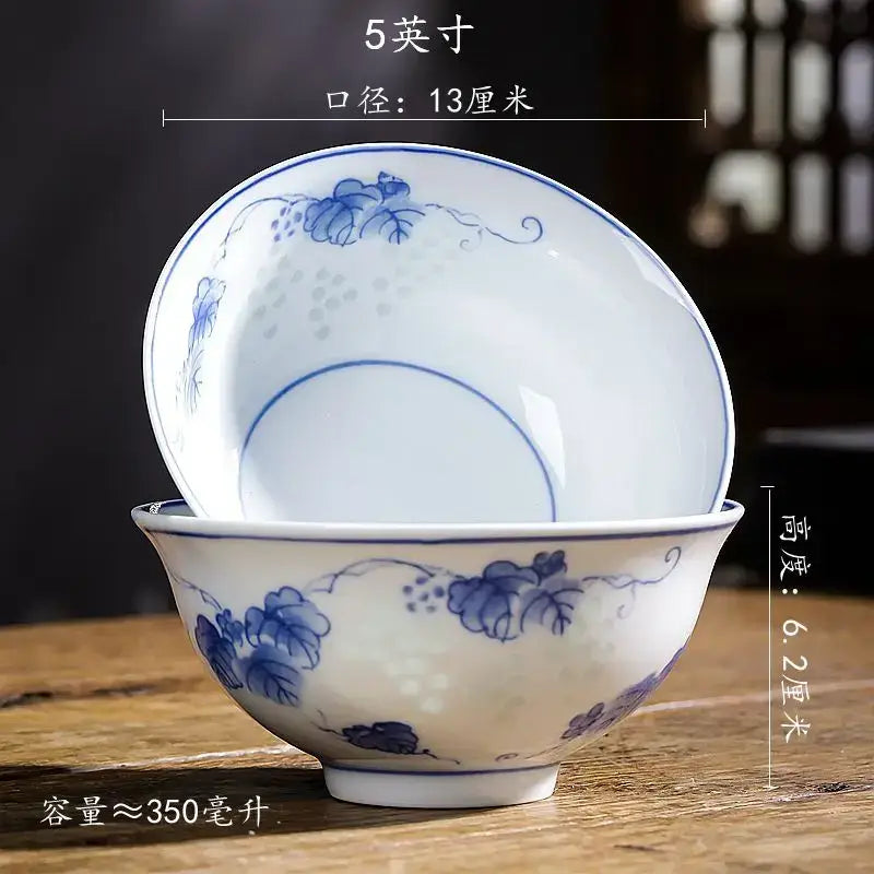 DecorBites™ Chinese Blue and White Porcelain Vegetable Plates and Rice Soup Bowls - Set of 2