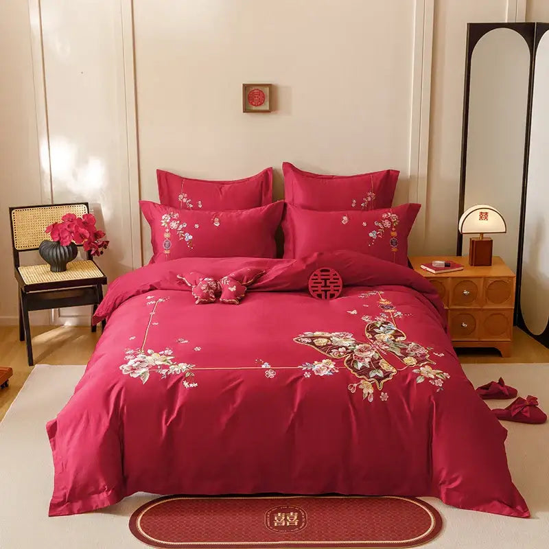 DecorBites™ Chinese Butterfly Flowers Embroidery Wedding Bedding Set - 1000TC Cotton