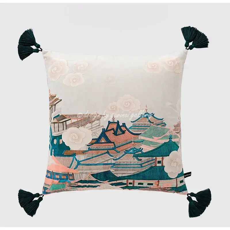 DecorBites™ Chinese City Landscape Velvet Lumbar Pillow Cover with Tassels, 30x50cm