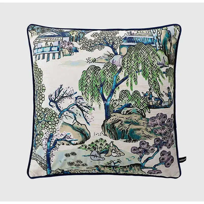 DecorBites™ Chinese City Landscape Velvet Lumbar Pillow Cover with Tassels, 30x50cm