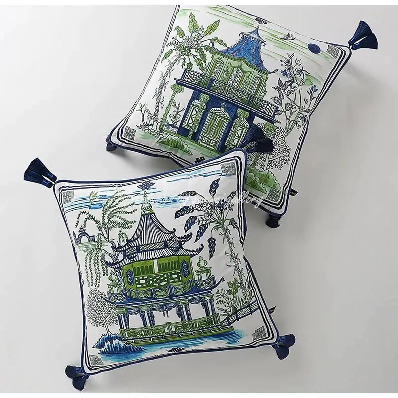 DecorBites™ Chinese City Landscape Velvet Lumbar Pillow Cover with Tassels, 30x50cm