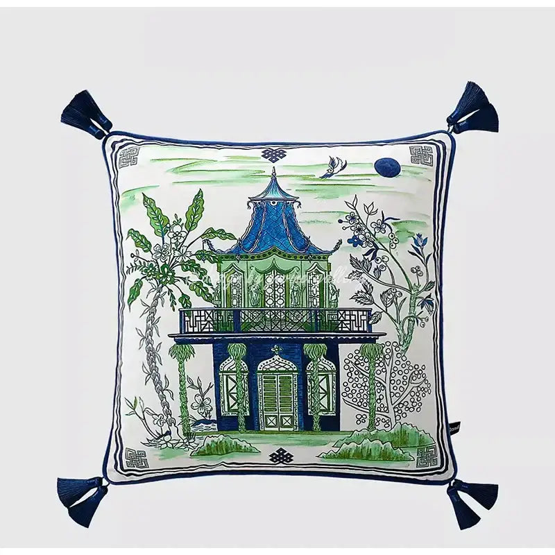 DecorBites™ Chinese City Landscape Velvet Lumbar Pillow Cover with Tassels, 30x50cm