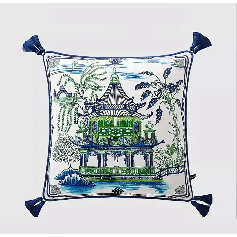DecorBites™ Chinese City Landscape Velvet Lumbar Pillow Cover with Tassels, 30x50cm